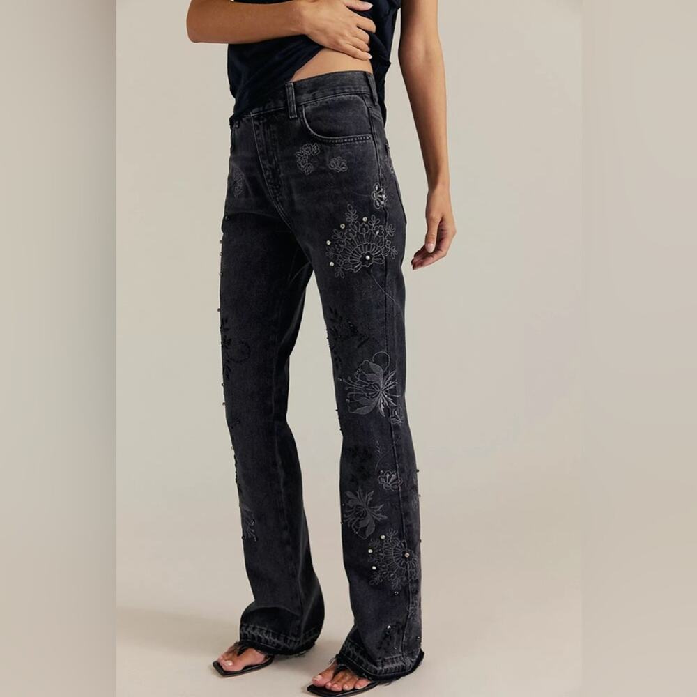 Free People Black Straight Leg Jeans with Floral Embroidery